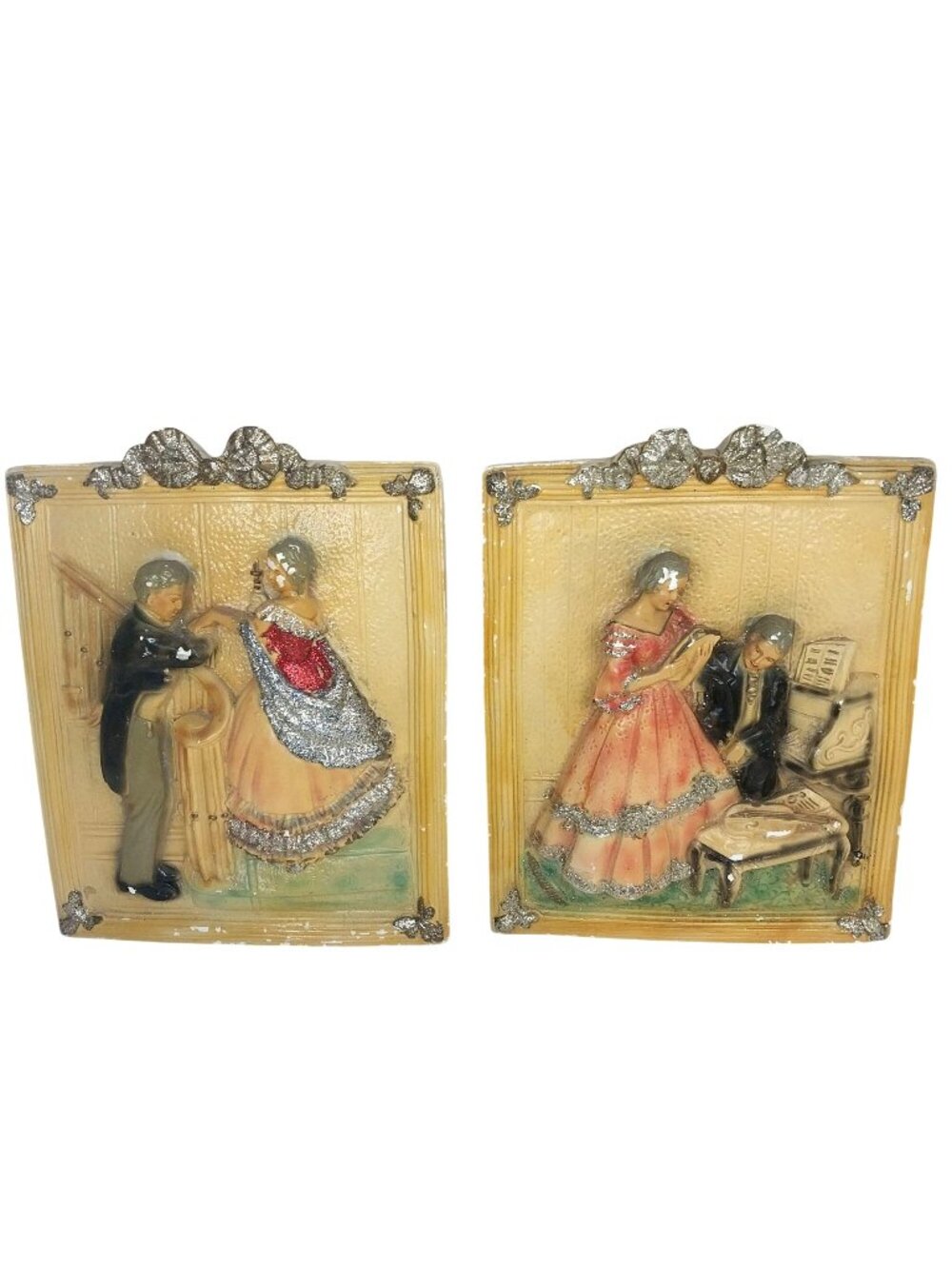 Chalkware Plaques Vintage 3D Victorian Style Courting Couple Glitter AS IS